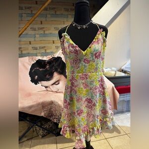 MAJORELLE Pink & Yellow Floral Ruffle Slip Dress